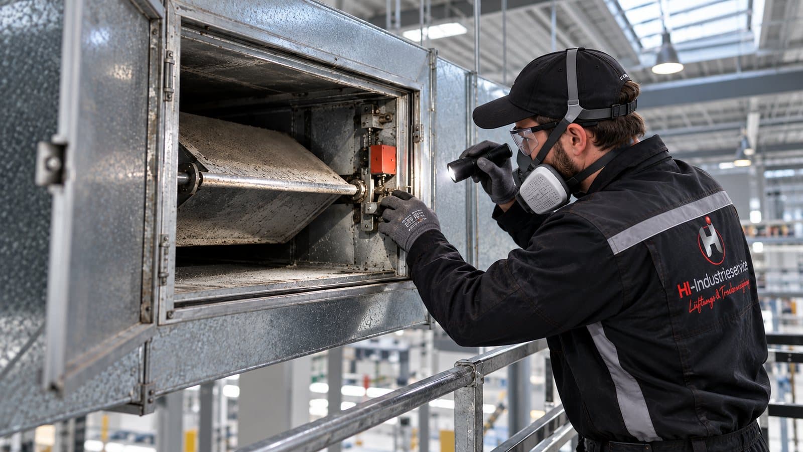 Technician testing the release mechanism of a fire damper inside an opened duct