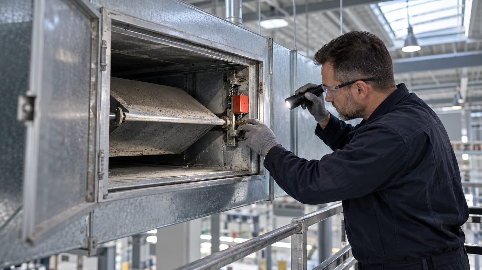 Techniker prüft die Auslösemechanik einer Brandschutzklappe im geöffneten Kanal