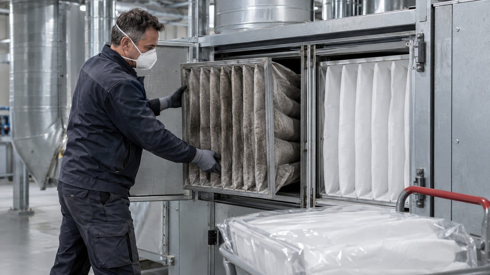 Techniker tauscht verschmutzte Taschenfilter gegen neue Filter