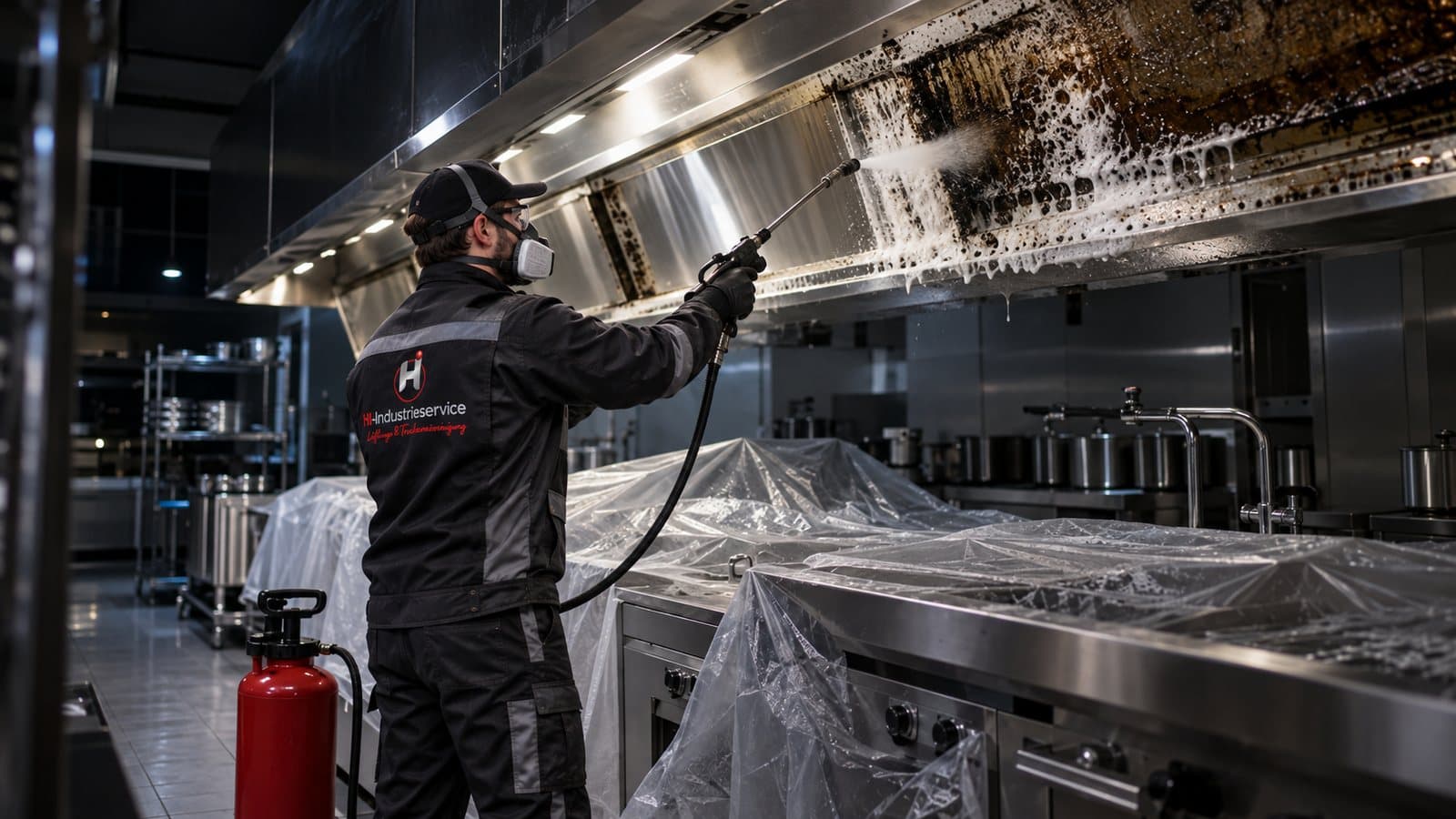 Cleaning an extract canopy and the grease duct in a commercial kitchen