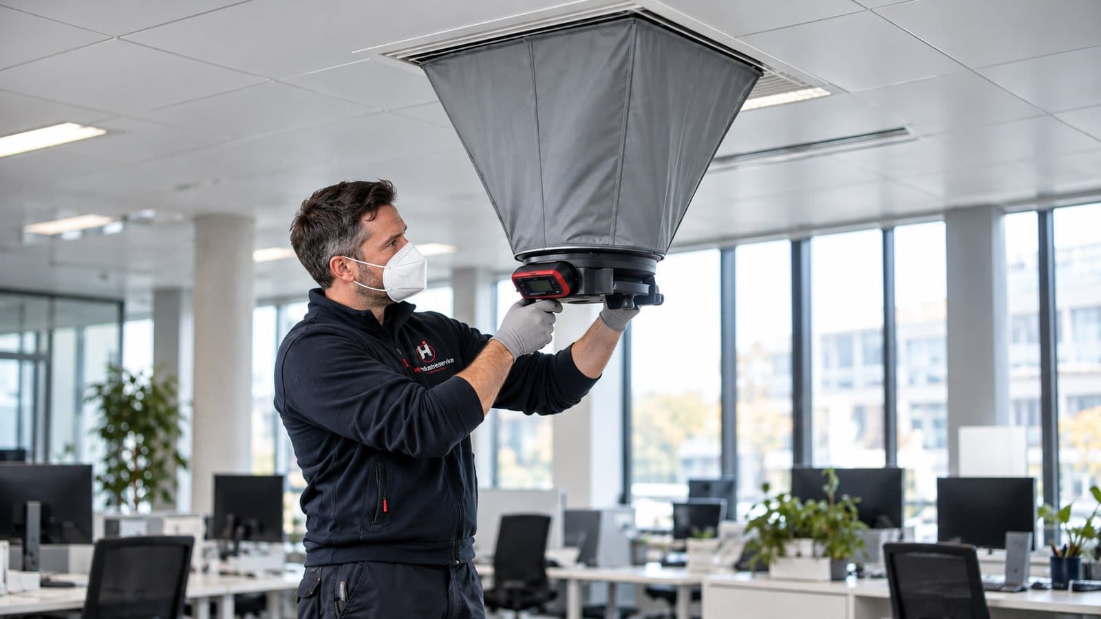 Technician using a flow hood to measure the air volume flow rate at a ceiling diffuser