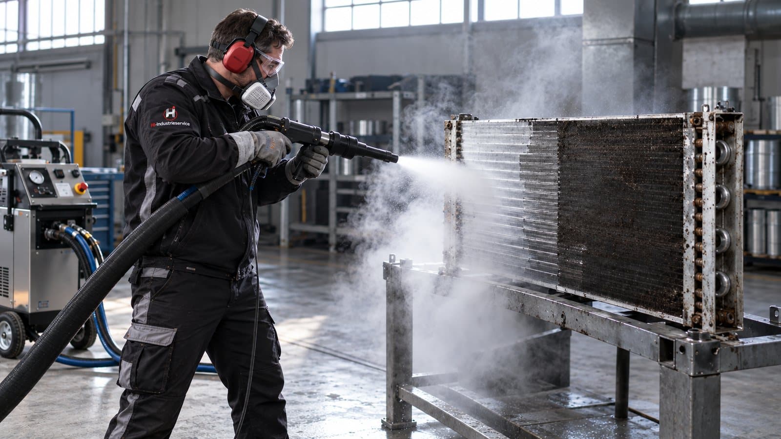 Dry ice blasting a heat exchanger coil, with the cleaned fins gleaming