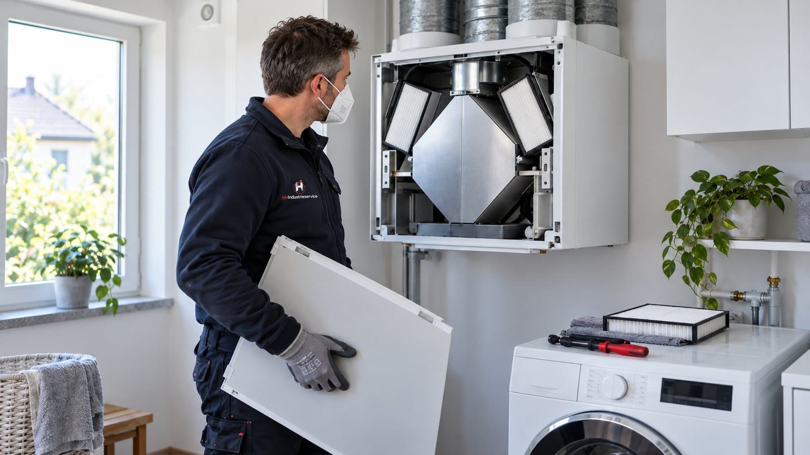 Technician opening the ventilation unit of a home ventilation system with heat recovery (MVHR)